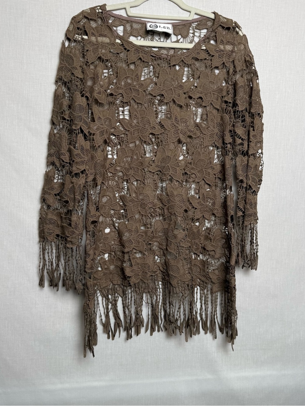 L&B Womens M Brown Floral Lace Fringe Tunic Top Sheer Boho Festival Made USA